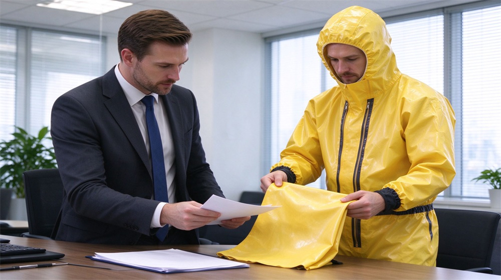 Close up detail of heavy duty protective acid alkali chemical protective suit, Western buyer in business suit reviewing yellow HDPE PP splash resistant chemical, demonstrating professional application use in industrial safety environment, designed for wholesale bulk supply and industrial safety Close up detail of heavy duty protective acid alkali chemical protective suit, Western buyer in business suit reviewing yellow HDPE PP splash resistant chemical, demonstrating professional application use in industrial safety environment, designed for wholesale bulk supply and industrial safety