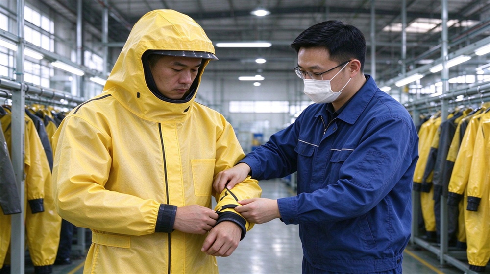 45 degree angle of heavy duty protective acid alkali chemical protective suit, Quality inspector in blue workwear adjusting sleeve of yellow splash resistant chemical, demonstrating professional application use in industrial safety environment, designed for wholesale bulk supply and industrial safety