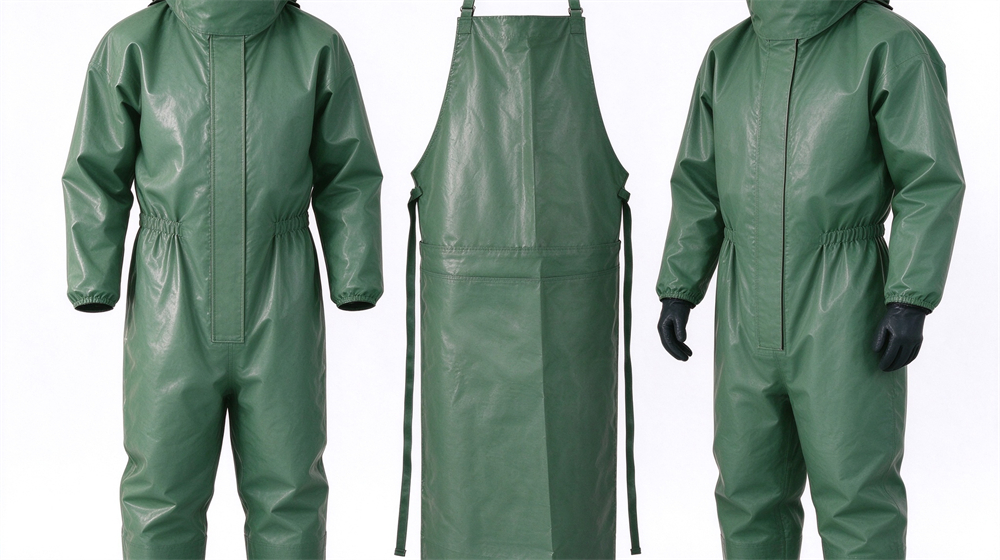 Front view of heavy duty protective green acid alkali resistant suit, Three green acid and caustic resistant chemical suits in color lineup on, demonstrating professional application use in industrial safety environment, designed for wholesale bulk supply and industrial safety procurement. Front view of heavy duty protective green acid alkali resistant suit, Three green acid and caustic resistant chemical suits in color lineup on, demonstrating professional application use in industrial safety environment, designed for wholesale bulk supply and industrial safety procurement.