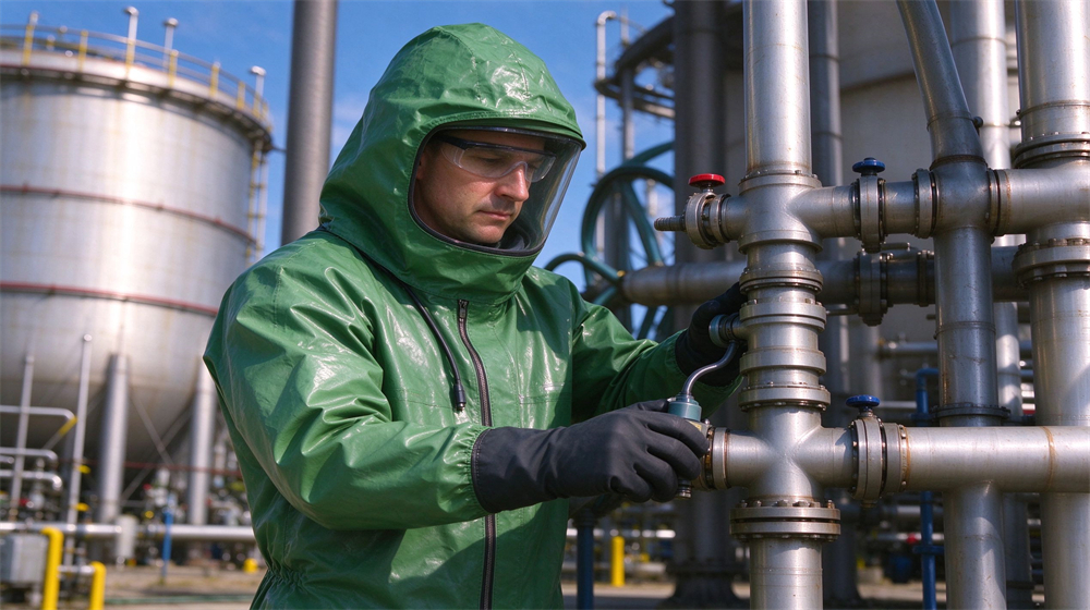Side angle of heavy duty protective green acid alkali resistant suit, Three green acid and caustic resistant chemical suits in color lineup on, demonstrating professional product use in industrial safety environment, designed for wholesale bulk supply and industrial safety procurement. Side angle of heavy duty protective green acid alkali resistant suit, Three green acid and caustic resistant chemical suits in color lineup on, demonstrating professional product use in industrial safety environment, designed for wholesale bulk supply and industrial safety procurement.