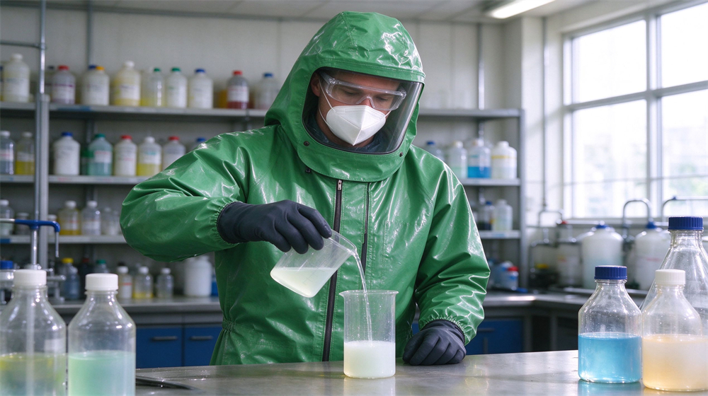Aerial perspective of heavy duty protective green acid alkali resistant suit, Western worker in green acid resistant suit patrolling electroplating line in bright, demonstrating professional application use in industrial safety environment, designed for wholesale bulk supply and industrial safety procurement. Aerial perspective of heavy duty protective green acid alkali resistant suit, Western worker in green acid resistant suit patrolling electroplating line in bright, demonstrating professional application use in industrial safety environment, designed for wholesale bulk supply and industrial safety procurement.