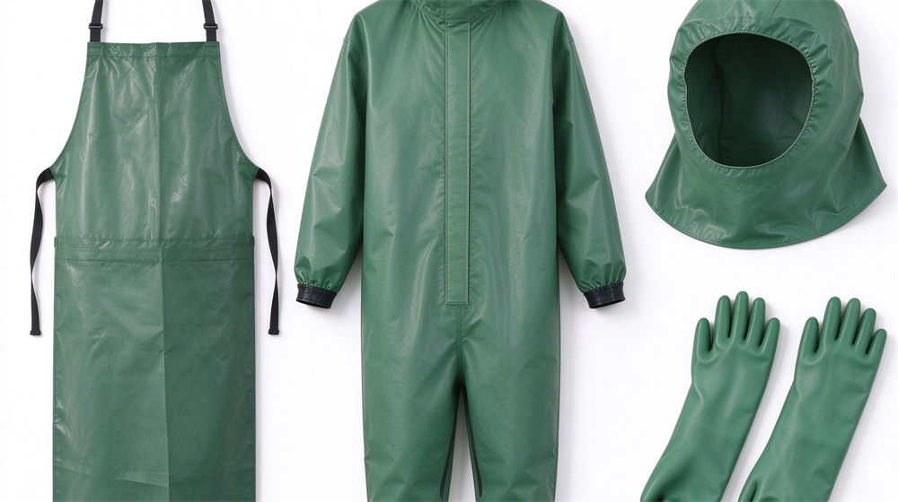 45 degree angle of heavy duty protective green acid alkali resistant suit, Two green acid resistant suit configurations hanging for comparison, standard and reinforced, demonstrating professional comparison use in industrial safety environment, designed for wholesale bulk supply and industrial safety 45 degree angle of heavy duty protective green acid alkali resistant suit, Two green acid resistant suit configurations hanging for comparison, standard and reinforced, demonstrating professional comparison use in industrial safety environment, designed for wholesale bulk supply and industrial safety