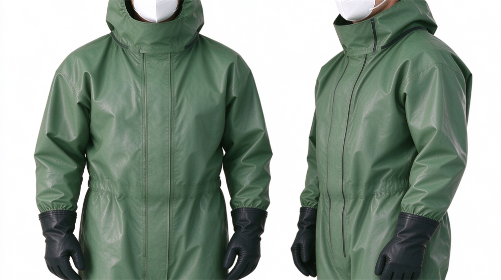 Overhead view of heavy duty protective green acid alkali resistant suit, Green acid resistant suit accessory set with apron and gloves against white, demonstrating professional product use in industrial safety environment, designed for wholesale bulk supply and industrial safety procurement.