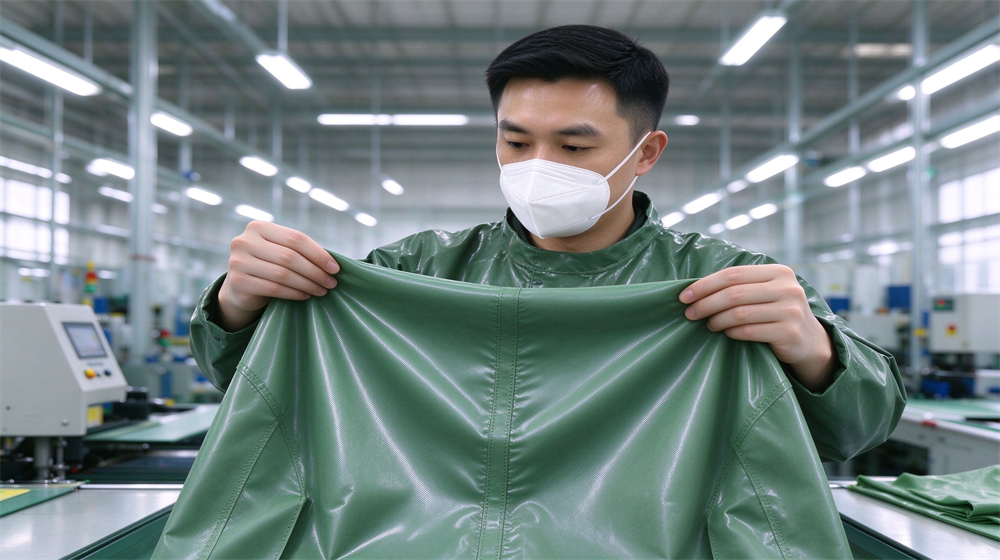 Wide shot of heavy duty protective green acid alkali resistant suit, Three quarter front view of green acid and caustic resistant chemical suit, demonstrating professional product use in industrial safety environment, designed for wholesale bulk supply and industrial safety procurement.