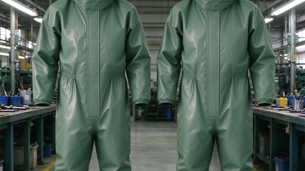 Front view of heavy duty protective green acid alkali resistant suit, Green acid resistant suit barrier membrane samples beside steel ruler on laboratory, demonstrating professional info use in industrial safety environment, designed for wholesale bulk supply and industrial safety procurement.