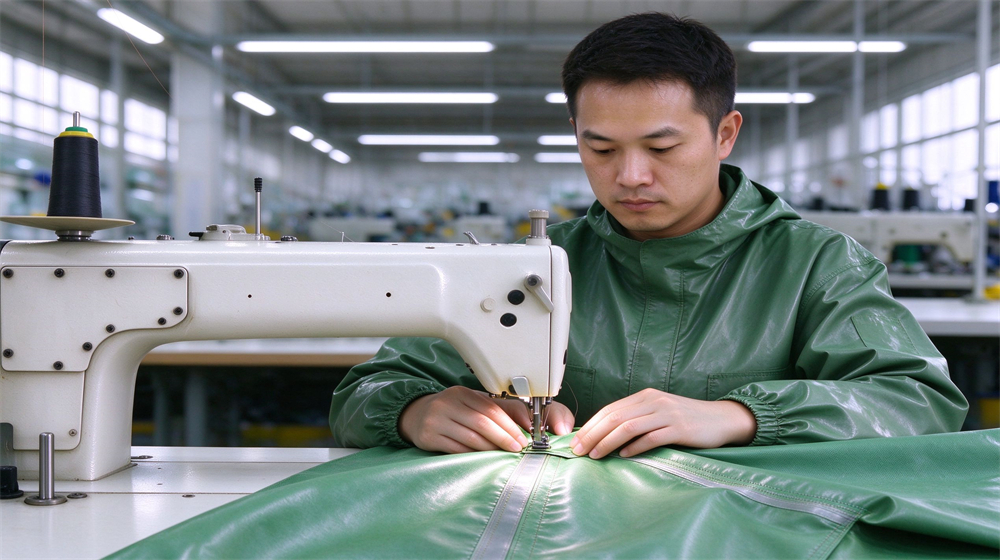 Close up detail of heavy duty protective green acid alkali resistant suit, Single Asian worker sealing seam of green acid resistant suit with heat, demonstrating professional info use in industrial safety environment, designed for wholesale bulk supply and industrial safety Close up detail of heavy duty protective green acid alkali resistant suit, Single Asian worker sealing seam of green acid resistant suit with heat, demonstrating professional info use in industrial safety environment, designed for wholesale bulk supply and industrial safety