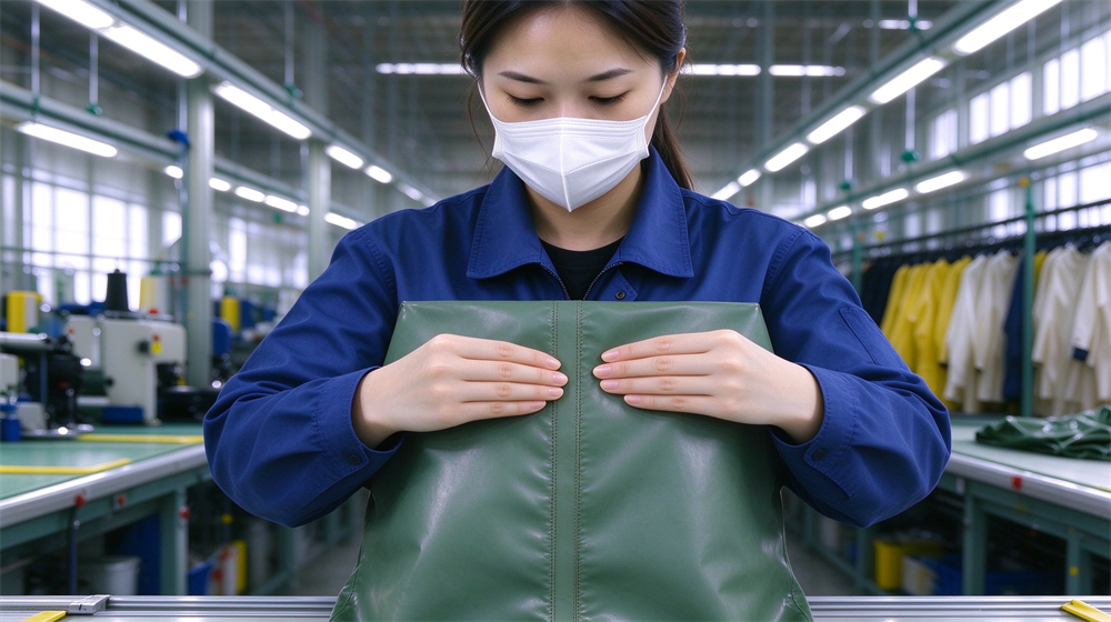 45 degree angle of heavy duty protective green acid alkali resistant suit, Single Asian sewing worker stitching green acid resistant suit fabric on industrial, demonstrating professional info use in industrial safety environment, designed for wholesale bulk supply and industrial safety 45 degree angle of heavy duty protective green acid alkali resistant suit, Single Asian sewing worker stitching green acid resistant suit fabric on industrial, demonstrating professional info use in industrial safety environment, designed for wholesale bulk supply and industrial safety