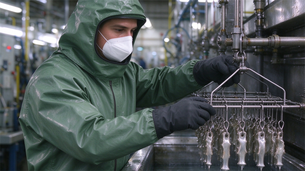 Wide shot of heavy duty protective green acid alkali resistant suit, Western buyer and Asian staff checking seam tape and fabric detail of, demonstrating professional info use in industrial safety environment, designed for wholesale bulk supply and industrial safety procurement. Wide shot of heavy duty protective green acid alkali resistant suit, Western buyer and Asian staff checking seam tape and fabric detail of, demonstrating professional info use in industrial safety environment, designed for wholesale bulk supply and industrial safety procurement.