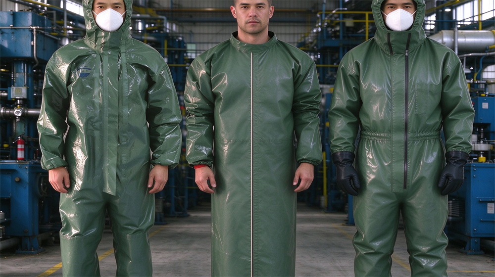 Macro detail of heavy duty protective green acid alkali resistant suit, Western worker in green acid resistant suit adjusting plating rack in bright, demonstrating professional application use in industrial safety environment, designed for wholesale bulk supply and industrial safety procurement. Macro detail of heavy duty protective green acid alkali resistant suit, Western worker in green acid resistant suit adjusting plating rack in bright, demonstrating professional application use in industrial safety environment, designed for wholesale bulk supply and industrial safety procurement.