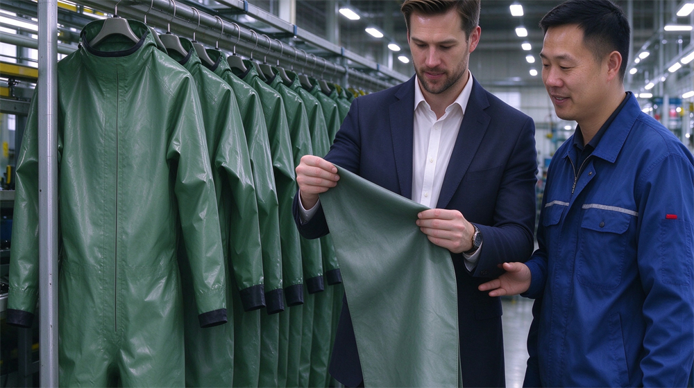 Front view of heavy duty protective green acid alkali resistant suit, Complete green acid and caustic resistant chemical suit system with apron and, demonstrating professional product use in industrial safety environment, designed for wholesale bulk supply and industrial safety procurement.