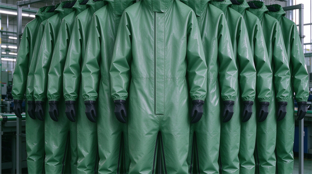Side angle of heavy duty protective green acid alkali resistant suit, Western buyer selecting green acid resistant suits on hanging rack with Asian, demonstrating professional application use in industrial safety environment, designed for wholesale bulk supply and industrial safety procurement. Side angle of heavy duty protective green acid alkali resistant suit, Western buyer selecting green acid resistant suits on hanging rack with Asian, demonstrating professional application use in industrial safety environment, designed for wholesale bulk supply and industrial safety procurement.