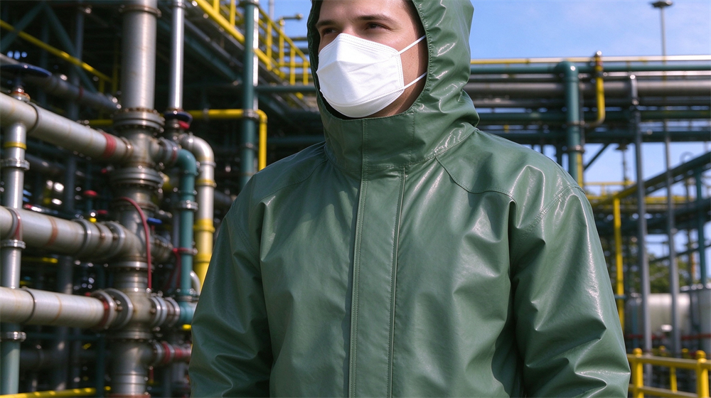 Aerial perspective of heavy duty protective green acid alkali resistant suit, Multiple green acid resistant suits hanging in row on factory rack, acid, demonstrating professional product use in industrial safety environment, designed for wholesale bulk supply and industrial safety procurement. Aerial perspective of heavy duty protective green acid alkali resistant suit, Multiple green acid resistant suits hanging in row on factory rack, acid, demonstrating professional product use in industrial safety environment, designed for wholesale bulk supply and industrial safety procurement.