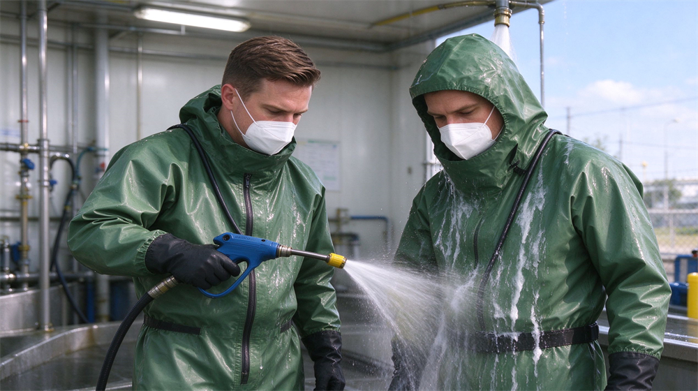 45 degree angle of heavy duty protective green acid alkali resistant suit, Four workers with distinct faces in green acid resistant suits moving chemical, demonstrating professional application use in industrial safety environment, designed for wholesale bulk supply and industrial safety 45 degree angle of heavy duty protective green acid alkali resistant suit, Four workers with distinct faces in green acid resistant suits moving chemical, demonstrating professional application use in industrial safety environment, designed for wholesale bulk supply and industrial safety