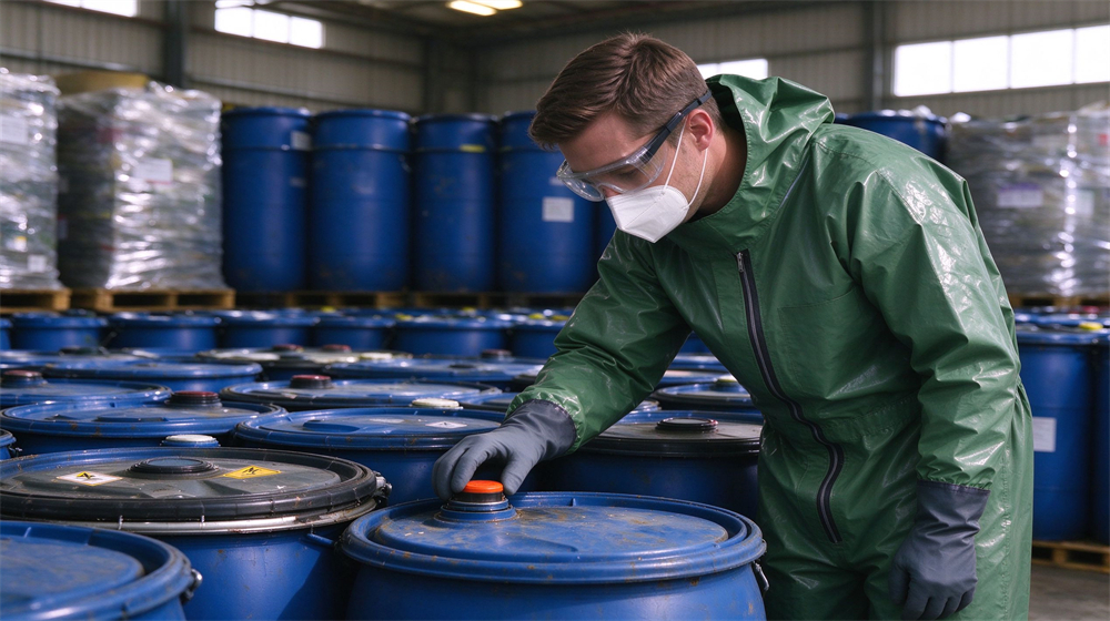 Overhead view of heavy duty protective green acid alkali resistant suit, Two Western workers in acid resistant suits rinsing green coveralls with high, demonstrating professional application use in industrial safety environment, designed for wholesale bulk supply and industrial safety procurement. Overhead view of heavy duty protective green acid alkali resistant suit, Two Western workers in acid resistant suits rinsing green coveralls with high, demonstrating professional application use in industrial safety environment, designed for wholesale bulk supply and industrial safety procurement.