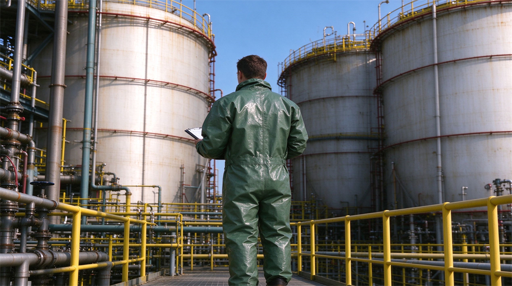 Wide shot of heavy duty protective green acid alkali resistant suit, Western worker in green acid resistant suit checking blue waste drum with, demonstrating professional application use in industrial safety environment, designed for wholesale bulk supply and industrial safety procurement.