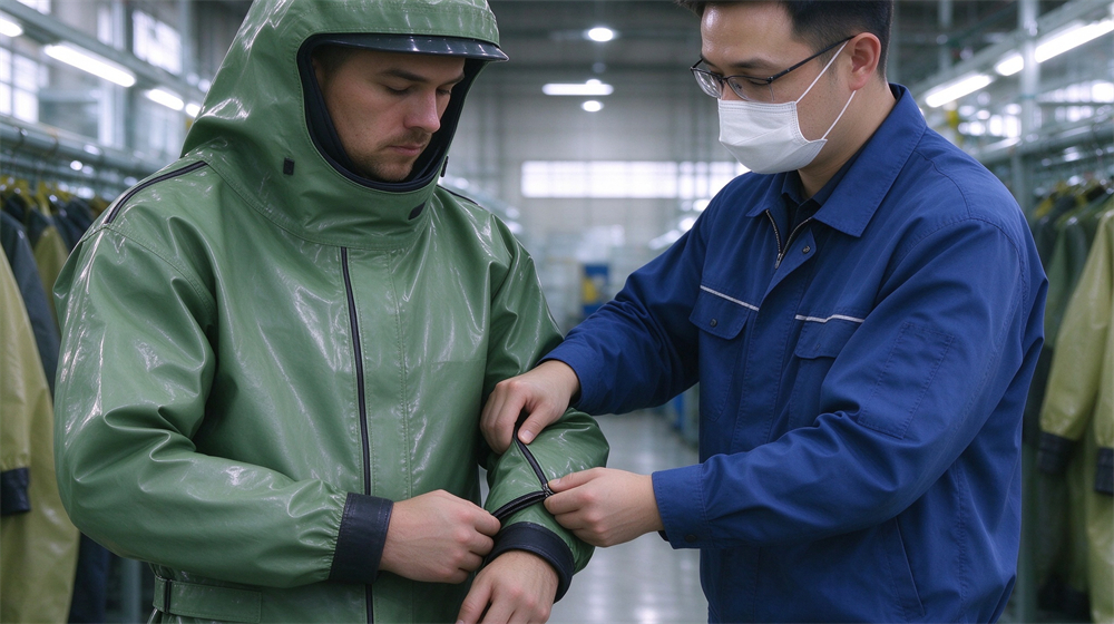 Macro detail of heavy duty protective green acid alkali resistant suit, Western worker in green acid resistant suit patrolling chemical tank farm from, demonstrating professional application use in industrial safety environment, designed for wholesale bulk supply and industrial safety procurement. Macro detail of heavy duty protective green acid alkali resistant suit, Western worker in green acid resistant suit patrolling chemical tank farm from, demonstrating professional application use in industrial safety environment, designed for wholesale bulk supply and industrial safety procurement.