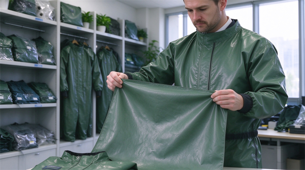 Side angle of heavy duty protective green acid alkali resistant suit, Western worker in green acid resistant suit connecting transfer drum in bright, demonstrating professional application use in industrial safety environment, designed for wholesale bulk supply and industrial safety procurement. Side angle of heavy duty protective green acid alkali resistant suit, Western worker in green acid resistant suit connecting transfer drum in bright, demonstrating professional application use in industrial safety environment, designed for wholesale bulk supply and industrial safety procurement.