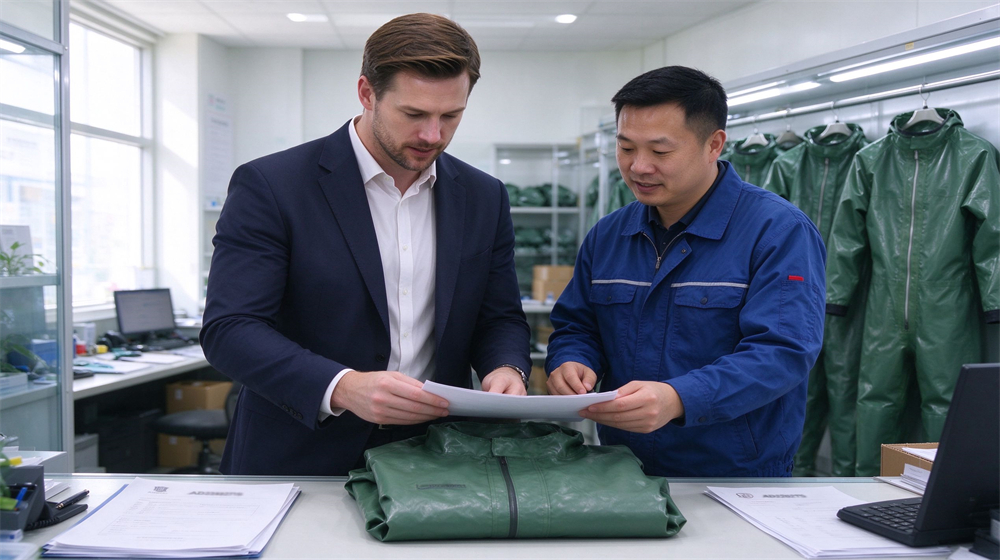 Aerial perspective of heavy duty protective green acid alkali resistant suit, Western buyer checking green acid resistant suit barrier fabric sample at sample, demonstrating professional application use in industrial safety environment, designed for wholesale bulk supply and industrial safety procurement.