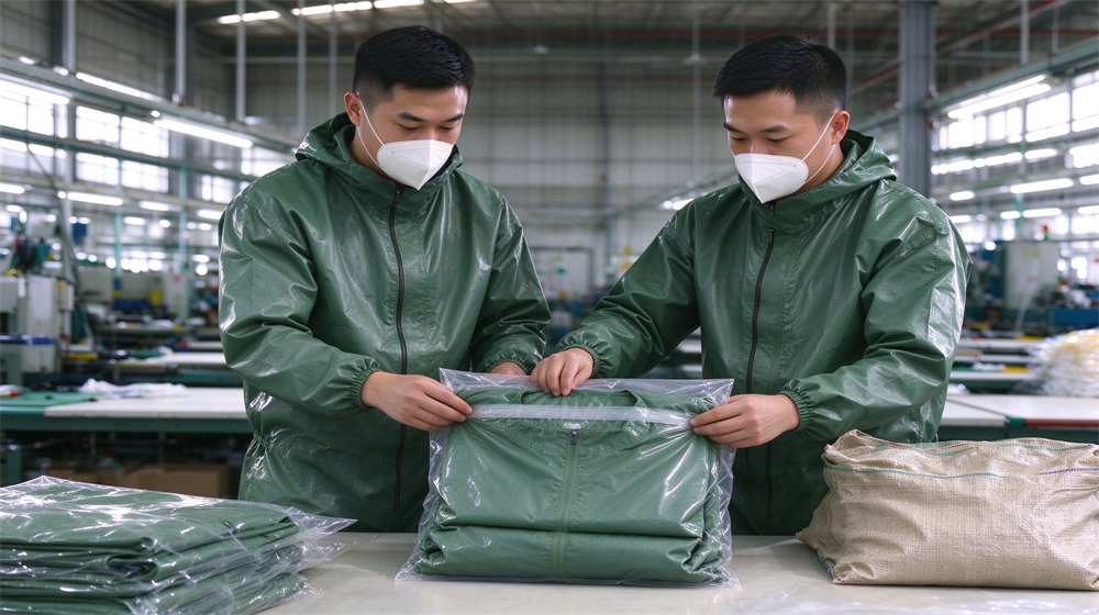 Close up detail of heavy duty protective green acid alkali resistant suit, Western buyer confirming acid resistant suit order with Asian factory staff at, demonstrating professional application use in industrial safety environment, designed for wholesale bulk supply and industrial safety Close up detail of heavy duty protective green acid alkali resistant suit, Western buyer confirming acid resistant suit order with Asian factory staff at, demonstrating professional application use in industrial safety environment, designed for wholesale bulk supply and industrial safety