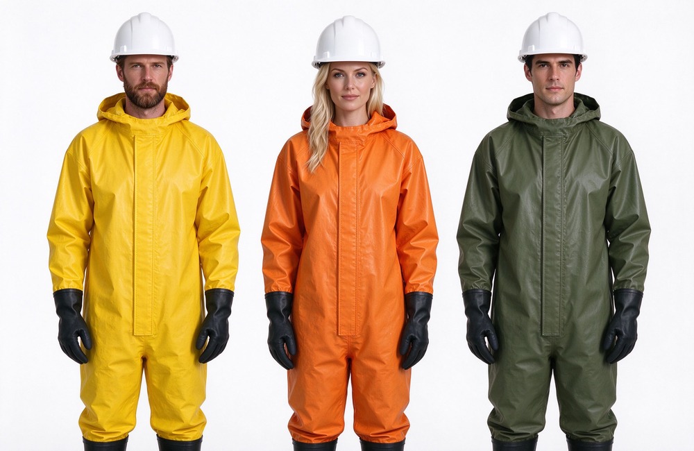 Front view of heavy duty protective semi encapsulated chemical suit, Three western workers wearing semi encapsulated chemical suit in yellow orange and, demonstrating professional application use in industrial safety environment, designed for wholesale bulk supply and industrial safety procurement.