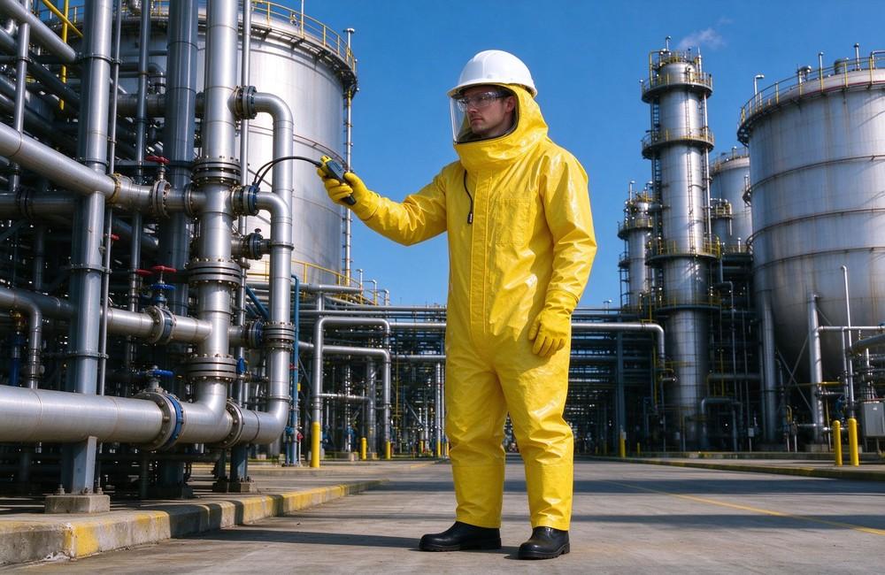 Side angle of heavy duty protective semi encapsulated chemical suit, Worker in semi enclosed chemical suit checking chemical tank farm valve, half, demonstrating professional application use in industrial safety environment, designed for wholesale bulk supply and industrial safety procurement.