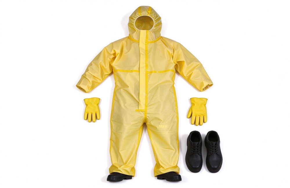 Overhead view of heavy duty protective semi encapsulated chemical suit, Semi encapsulated chemical suit accessory set with hood gloves and boot covers, demonstrating professional application use in industrial safety environment, designed for wholesale bulk supply and industrial safety procurement. Overhead view of heavy duty protective semi encapsulated chemical suit, Semi encapsulated chemical suit accessory set with hood gloves and boot covers, demonstrating professional application use in industrial safety environment, designed for wholesale bulk supply and industrial safety procurement.