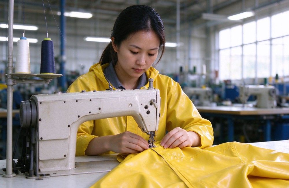Aerial perspective of heavy duty protective semi encapsulated chemical suit, Asian female quality inspector checking seams of semi encapsulated chemical suit by, demonstrating professional application use in industrial safety environment, designed for wholesale bulk supply and industrial safety procurement.