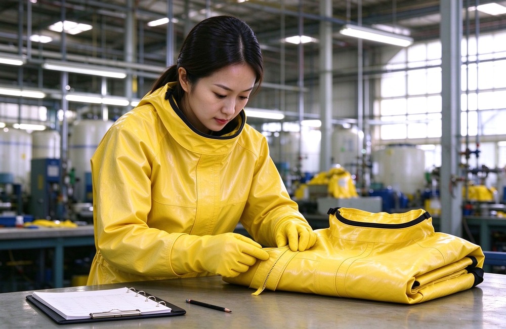 Close up detail of heavy duty protective semi encapsulated chemical suit, Folding semi encapsulated chemical suits at the finishing table in factory, bulk, demonstrating professional application use in industrial safety environment, designed for wholesale bulk supply and industrial safety procurement. Close up detail of heavy duty protective semi encapsulated chemical suit, Folding semi encapsulated chemical suits at the finishing table in factory, bulk, demonstrating professional application use in industrial safety environment, designed for wholesale bulk supply and industrial safety procurement.