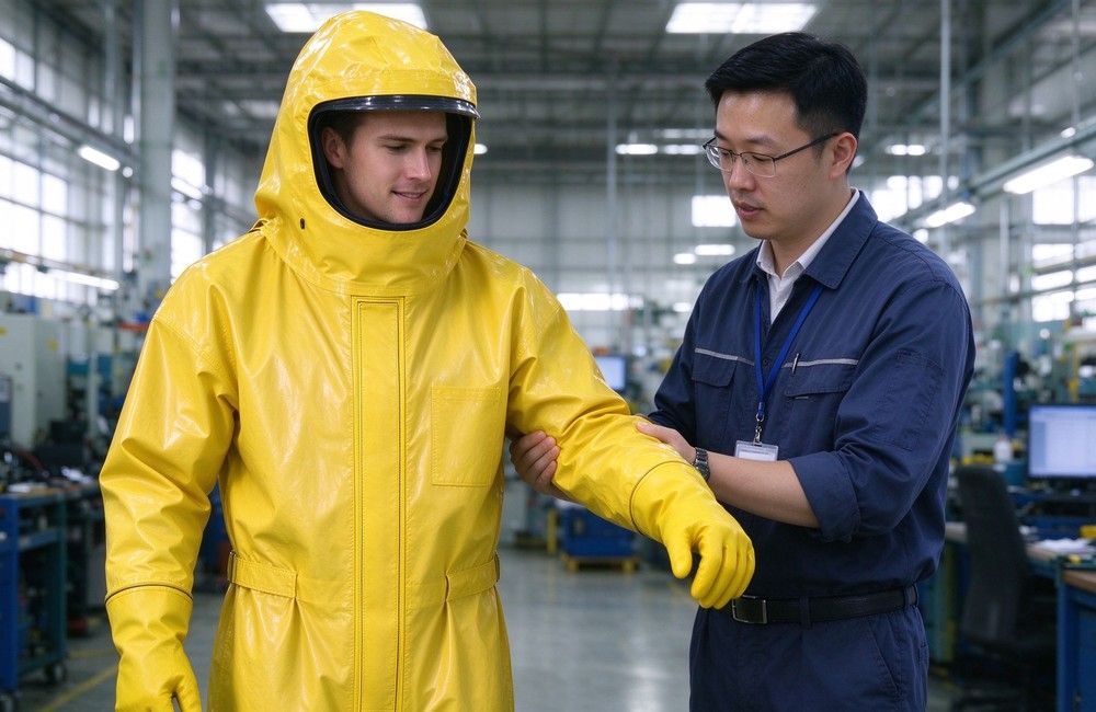 Overhead view of heavy duty protective semi encapsulated chemical suit, Western buyer reviewing semi encapsulated chemical suit sample with factory staff, bulk, demonstrating professional application use in industrial safety environment, designed for wholesale bulk supply and industrial safety procurement. Overhead view of heavy duty protective semi encapsulated chemical suit, Western buyer reviewing semi encapsulated chemical suit sample with factory staff, bulk, demonstrating professional application use in industrial safety environment, designed for wholesale bulk supply and industrial safety procurement.