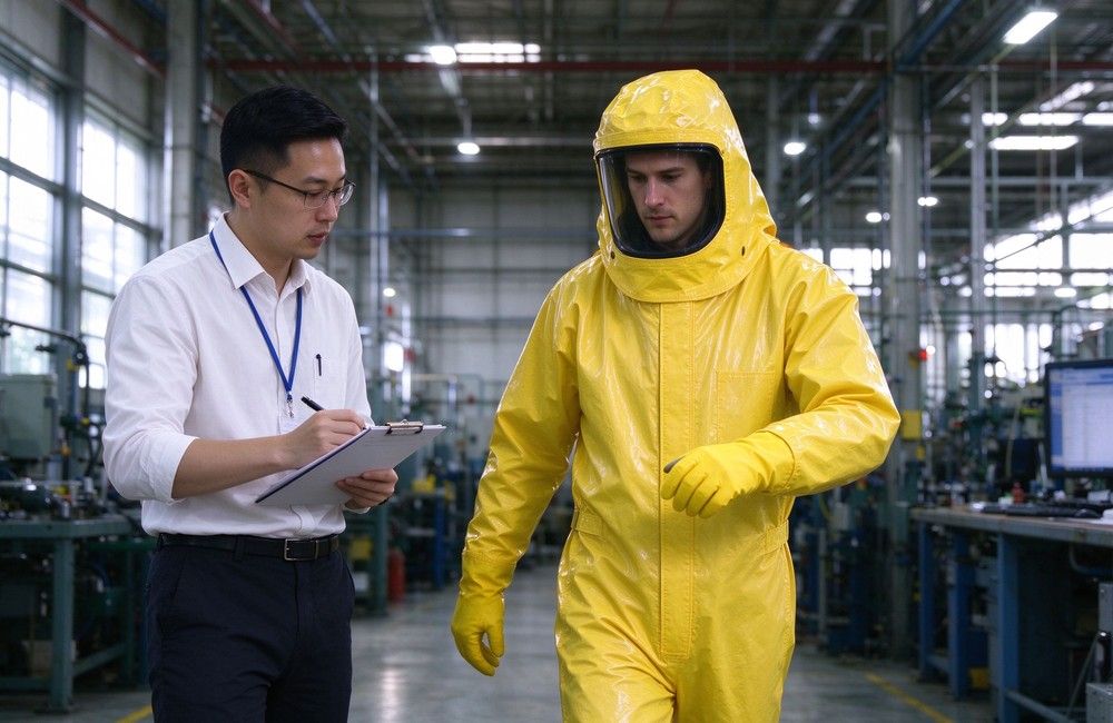 Front view of heavy duty protective semi encapsulated chemical suit, Inspector checking semi encapsulated chemical suit fabric roll in factory, medium risk, demonstrating professional application use in industrial safety environment, designed for wholesale bulk supply and industrial safety procurement. Front view of heavy duty protective semi encapsulated chemical suit, Inspector checking semi encapsulated chemical suit fabric roll in factory, medium risk, demonstrating professional application use in industrial safety environment, designed for wholesale bulk supply and industrial safety procurement.