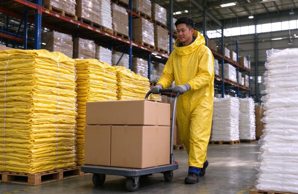 Close up detail of heavy duty protective semi encapsulated chemical suit, Semi encapsulated chemical suits on the packaging line, bulk medium risk chemical, demonstrating professional application use in industrial safety environment, designed for wholesale bulk supply and industrial safety procurement. Close up detail of heavy duty protective semi encapsulated chemical suit, Semi encapsulated chemical suits on the packaging line, bulk medium risk chemical, demonstrating professional application use in industrial safety environment, designed for wholesale bulk supply and industrial safety procurement.