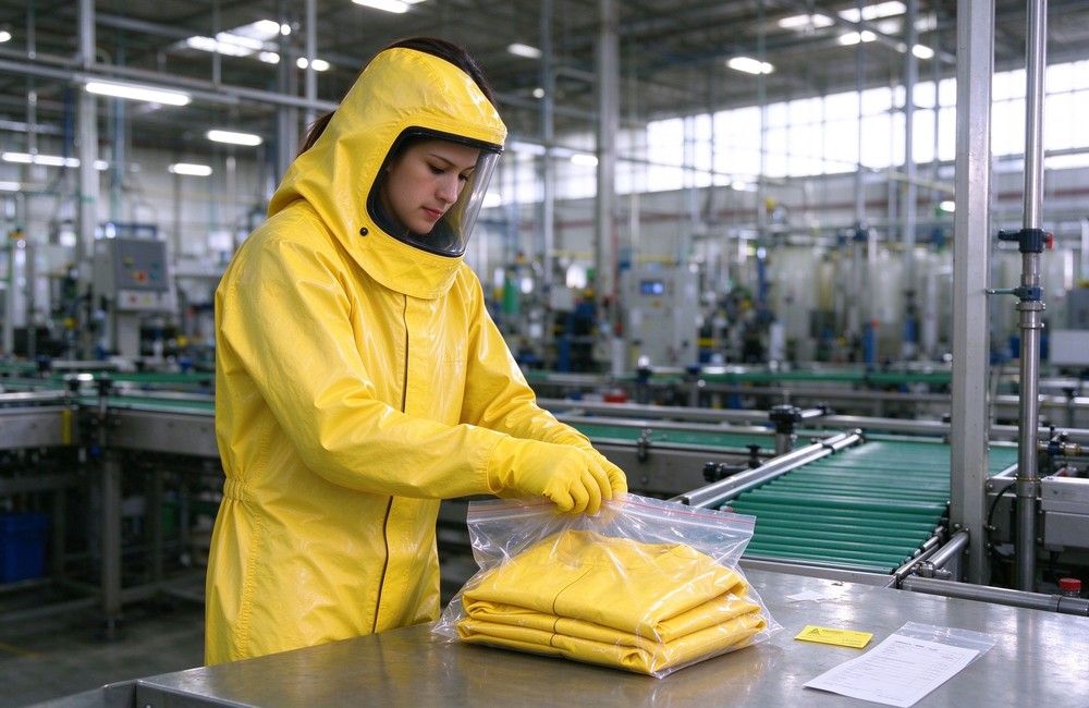 45 degree angle of heavy duty protective semi encapsulated chemical suit, Loading semi encapsulated chemical suit cartons for export, chemical suit wholesale bulk, demonstrating professional application use in industrial safety environment, designed for wholesale bulk supply and industrial safety procurement.