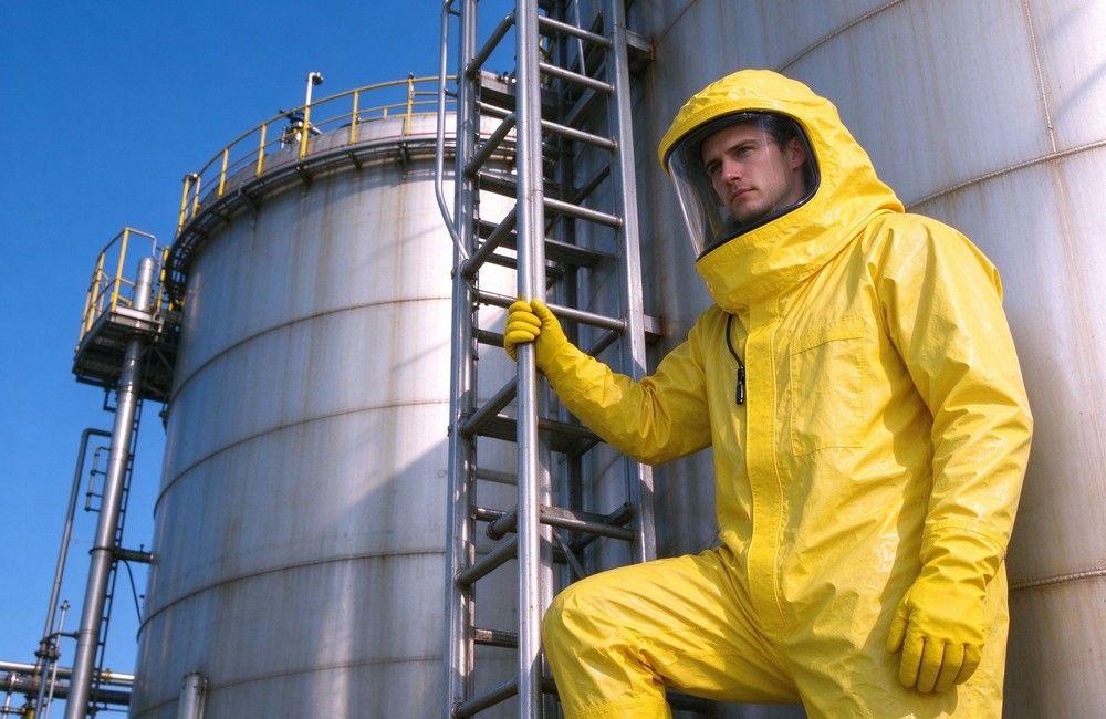 Front view of heavy duty protective semi encapsulated chemical suit, Worker in flexible chemical protection coverall operating pipeline valve, half sealed hazmat, demonstrating professional application use in industrial safety environment, designed for wholesale bulk supply and industrial safety procurement. Front view of heavy duty protective semi encapsulated chemical suit, Worker in flexible chemical protection coverall operating pipeline valve, half sealed hazmat, demonstrating professional application use in industrial safety environment, designed for wholesale bulk supply and industrial safety procurement.