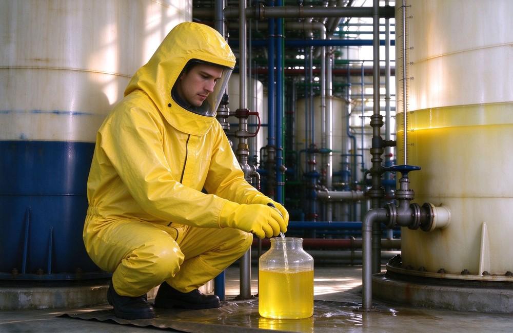 Side angle of heavy duty protective semi encapsulated chemical suit, Semi encapsulated chemical suits on storage rack, bulk chemical suit wholesale team, demonstrating professional application use in industrial safety environment, designed for wholesale bulk supply and industrial safety procurement.