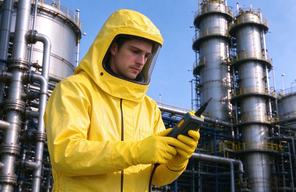 Aerial perspective of heavy duty protective semi encapsulated chemical suit, Recording quality and size data for semi encapsulated chemical suit batch, half, demonstrating professional application use in industrial safety environment, designed for wholesale bulk supply and industrial safety procurement. Aerial perspective of heavy duty protective semi encapsulated chemical suit, Recording quality and size data for semi encapsulated chemical suit batch, half, demonstrating professional application use in industrial safety environment, designed for wholesale bulk supply and industrial safety procurement.