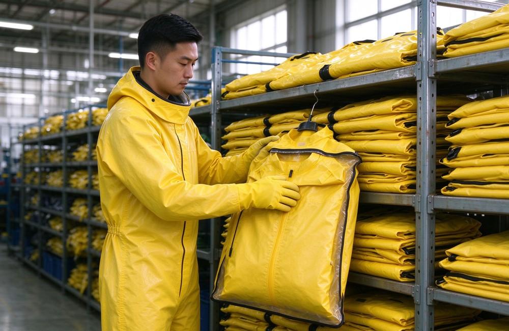 45 degree angle of heavy duty protective semi encapsulated chemical suit, Asian worker measuring semi encapsulated chemical suit in production workshop, half sealed, demonstrating professional application use in industrial safety environment, designed for wholesale bulk supply and industrial safety procurement. 45 degree angle of heavy duty protective semi encapsulated chemical suit, Asian worker measuring semi encapsulated chemical suit in production workshop, half sealed, demonstrating professional application use in industrial safety environment, designed for wholesale bulk supply and industrial safety procurement.