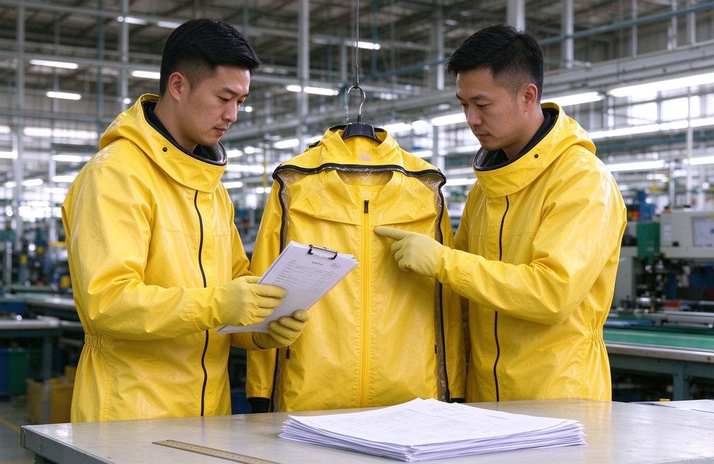 Overhead view of heavy duty protective semi encapsulated chemical suit, Worker in flexible chemical protection coverall in decontamination shower station, medium risk, demonstrating professional application use in industrial safety environment, designed for wholesale bulk supply and industrial safety procurement.