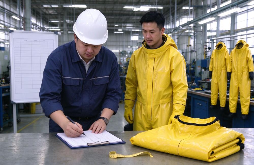 Macro detail of heavy duty protective semi encapsulated chemical suit, Western female worker wearing semi encapsulated chemical suit with white safety helmet, demonstrating professional product use in industrial safety environment, designed for wholesale bulk supply and industrial safety procurement. Macro detail of heavy duty protective semi encapsulated chemical suit, Western female worker wearing semi encapsulated chemical suit with white safety helmet, demonstrating professional product use in industrial safety environment, designed for wholesale bulk supply and industrial safety procurement.