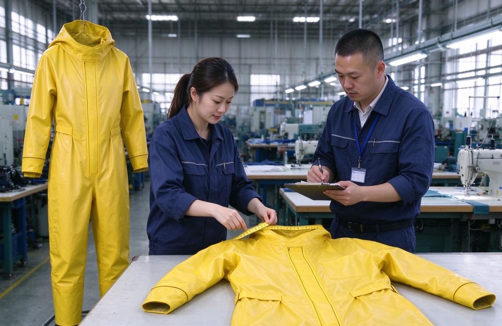 Side angle of heavy duty protective semi encapsulated chemical suit, Semi encapsulated chemical suit accessory detail with attached hood and sealed gloves, demonstrating professional product use in industrial safety environment, designed for wholesale bulk supply and industrial safety procurement.