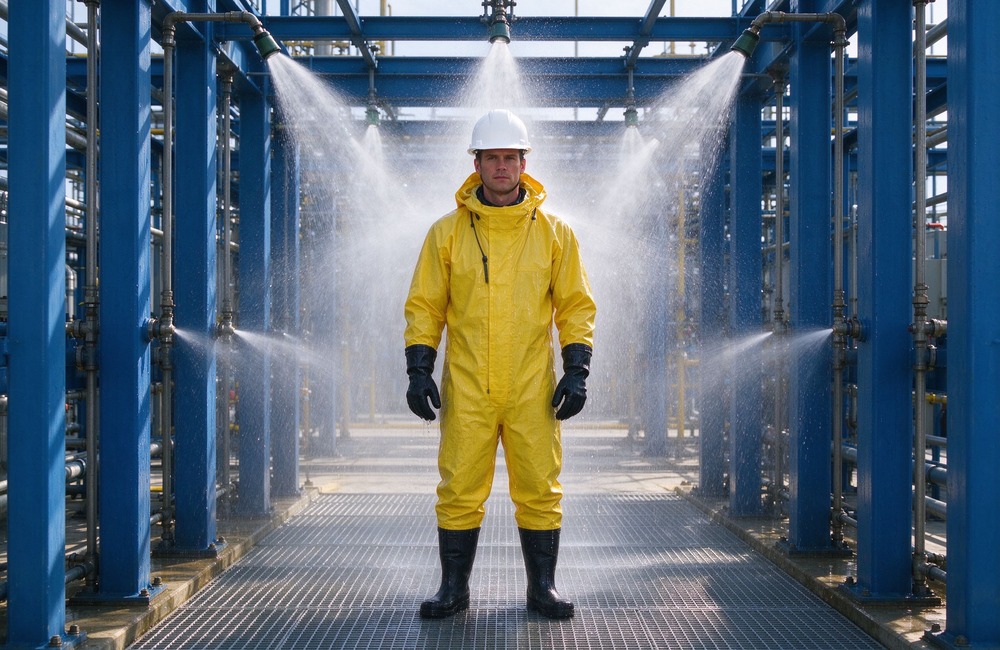 Aerial perspective of heavy duty protective semi encapsulated chemical suit, Worker in semi encapsulated chemical suit checking chemical tank farm with full, demonstrating professional application use in industrial safety environment, designed for wholesale bulk supply and industrial safety procurement. Aerial perspective of heavy duty protective semi encapsulated chemical suit, Worker in semi encapsulated chemical suit checking chemical tank farm with full, demonstrating professional application use in industrial safety environment, designed for wholesale bulk supply and industrial safety procurement.