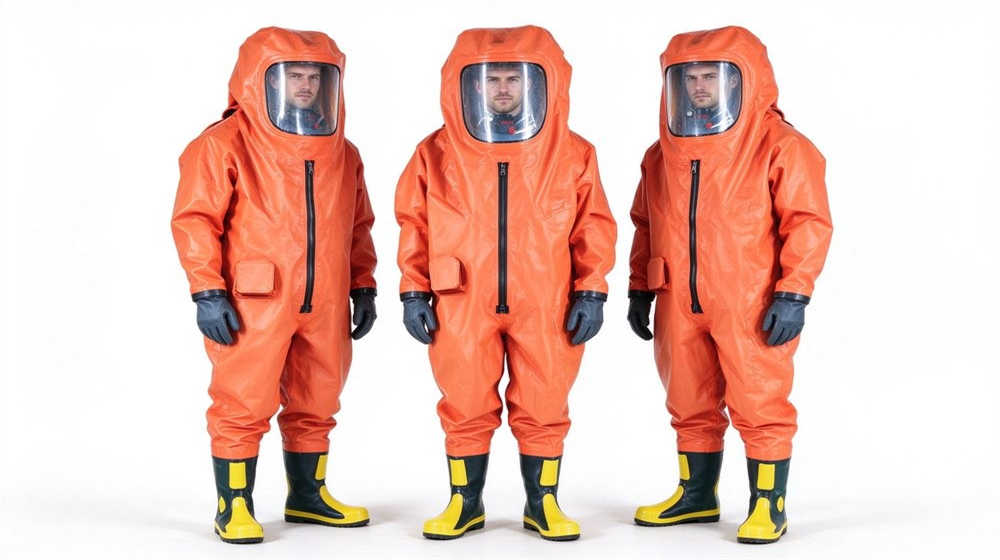 Front view of heavy duty protective class a gas tight hazmat suit, Gas tight Level A hazmat suit front view on white background, three, demonstrating professional product use in industrial safety environment, designed for wholesale bulk supply and industrial safety