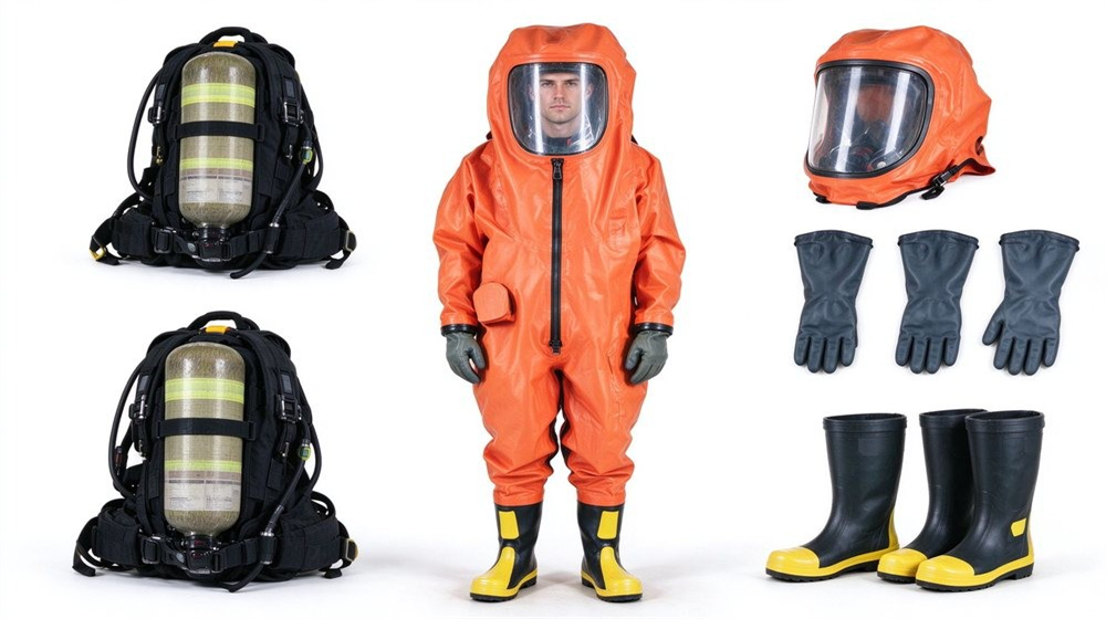 Aerial perspective of heavy duty protective class a gas tight hazmat suit, Complete Level A hazmat suit system with SCBA, sealed visor, heavy duty, demonstrating professional product use in industrial safety environment, designed for wholesale bulk supply and industrial safety