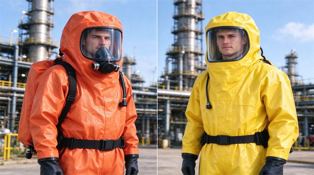 Close up detail of heavy duty protective class a gas tight hazmat suit, Comparison of a Level A gas tight hazmat suit and a semi, demonstrating professional comparison use in industrial safety environment, designed for wholesale bulk supply and industrial