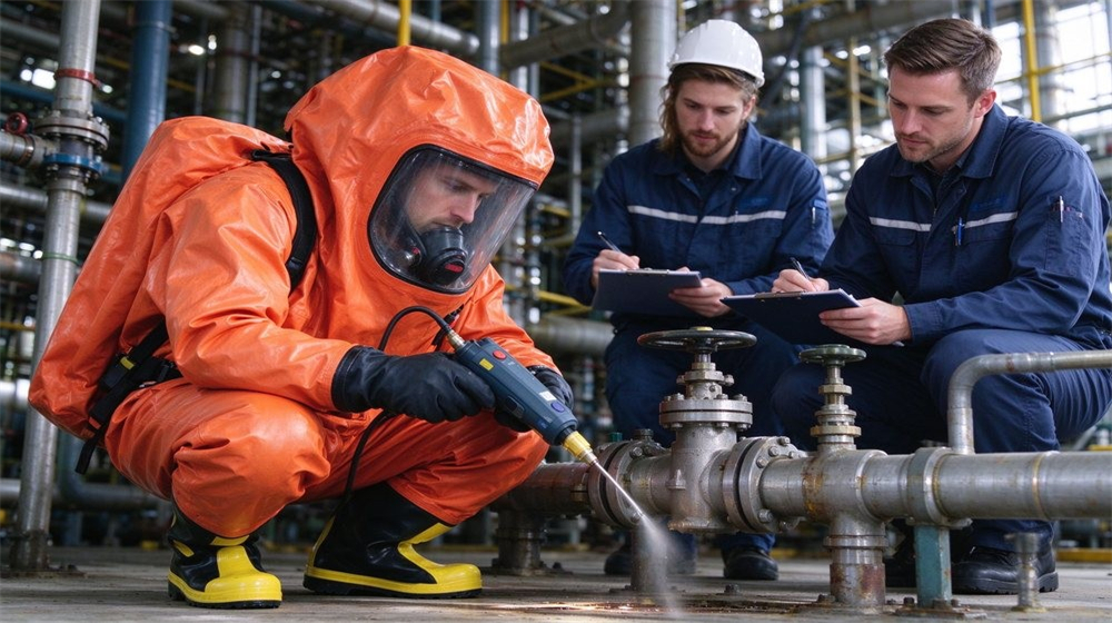 45 degree angle of heavy duty protective class a gas tight hazmat suit, Team member in a Level A hazmat suit assessing a chemical leak, demonstrating professional application use in industrial safety environment, designed for wholesale bulk supply and industrial 45 degree angle of heavy duty protective class a gas tight hazmat suit, Team member in a Level A hazmat suit assessing a chemical leak, demonstrating professional application use in industrial safety environment, designed for wholesale bulk supply and industrial