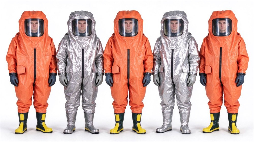 Wide shot of heavy duty protective class a gas tight hazmat suit, Family range of gas tight Level A hazmat suits, five fully encapsulating, demonstrating professional product use in industrial safety environment, designed for wholesale bulk supply and industrial safety