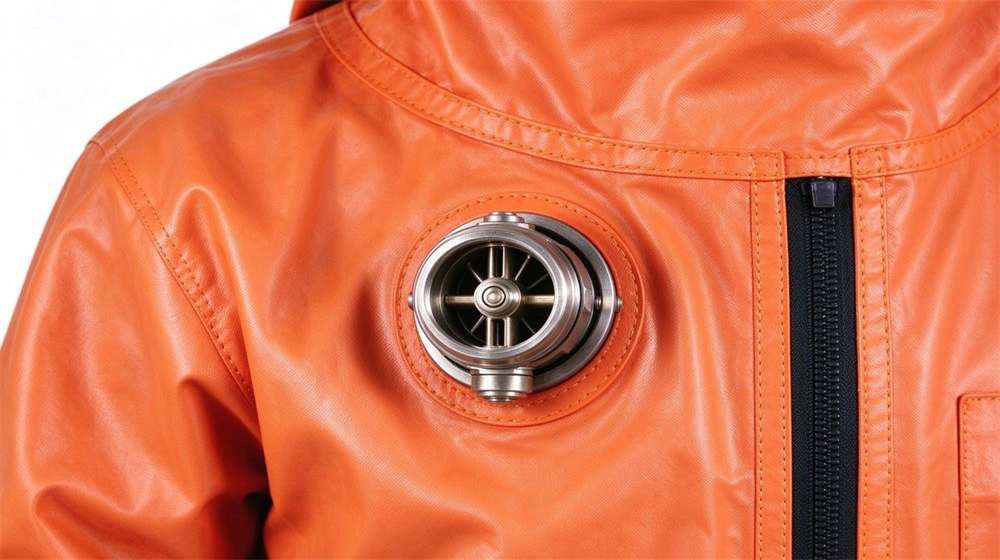 Macro detail of heavy duty protective class a gas tight hazmat suit, Overpressure exhaust valve closeup on a gas tight Level A hazmat suit,, demonstrating professional info use in industrial safety environment, designed for wholesale bulk supply and industrial safety Macro detail of heavy duty protective class a gas tight hazmat suit, Overpressure exhaust valve closeup on a gas tight Level A hazmat suit,, demonstrating professional info use in industrial safety environment, designed for wholesale bulk supply and industrial safety