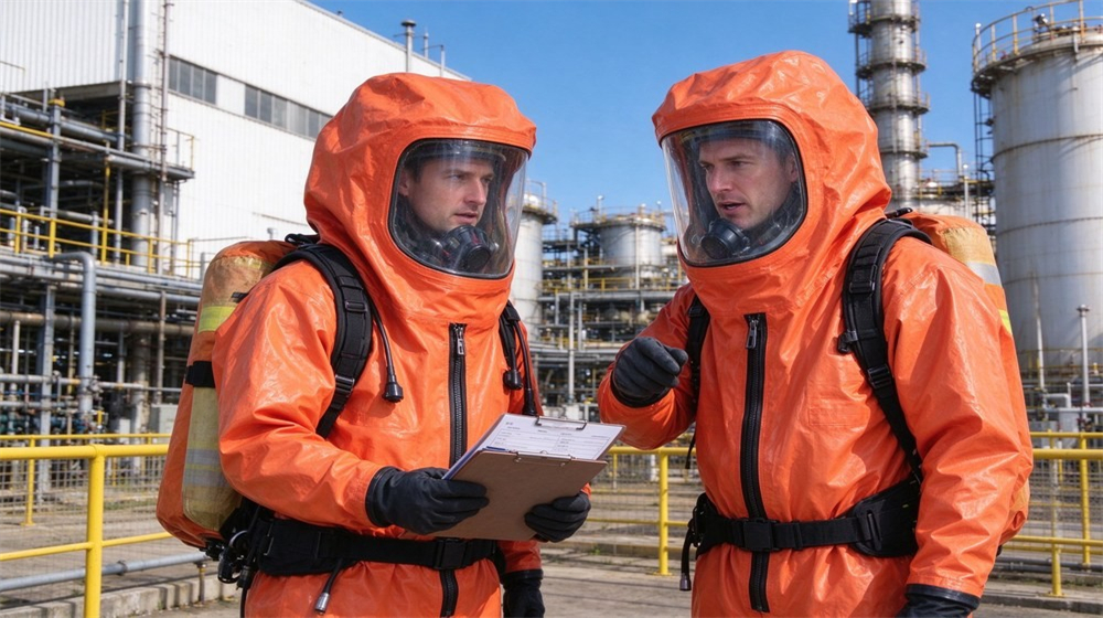 Front view of heavy duty protective class a gas tight hazmat suit, Two response workers in gas tight Level A hazmat suits discussing protection, demonstrating professional application use in industrial safety environment, designed for wholesale bulk supply and industrial safety Front view of heavy duty protective class a gas tight hazmat suit, Two response workers in gas tight Level A hazmat suits discussing protection, demonstrating professional application use in industrial safety environment, designed for wholesale bulk supply and industrial safety