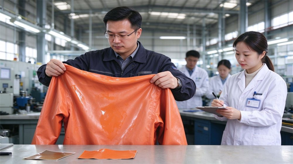 Side angle of heavy duty protective class a gas tight hazmat suit, Factory inspector checking gas tight Level A hazmat suit fabric and sealed, demonstrating professional info use in industrial safety environment, designed for wholesale bulk supply and industrial safety Side angle of heavy duty protective class a gas tight hazmat suit, Factory inspector checking gas tight Level A hazmat suit fabric and sealed, demonstrating professional info use in industrial safety environment, designed for wholesale bulk supply and industrial safety