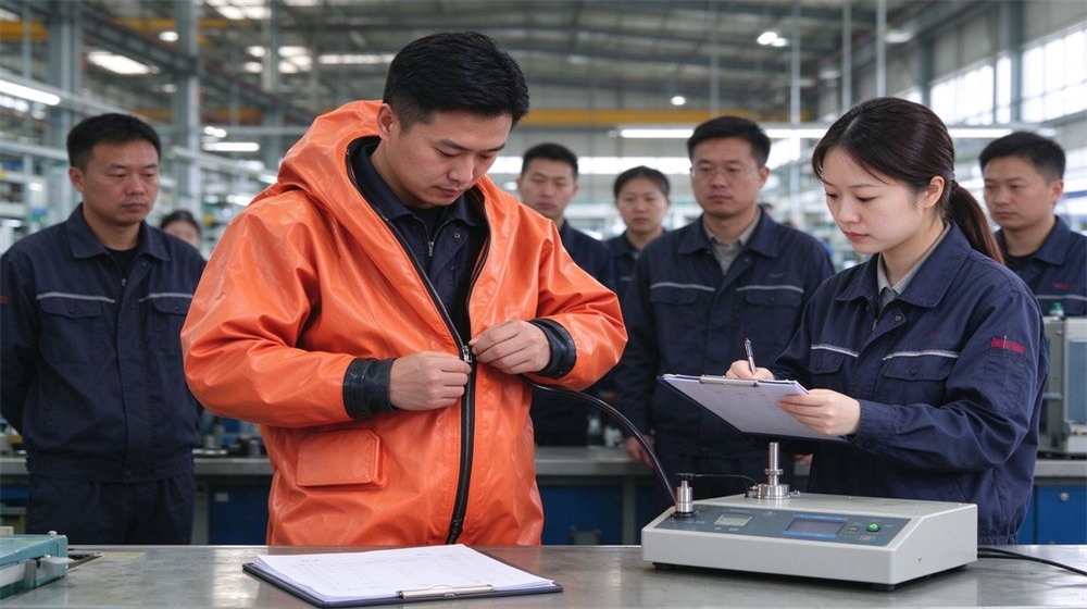 Close up detail of heavy duty protective class a gas tight hazmat suit, Gas tight zipper seal check on a Level A hazmat suit at, demonstrating professional info use in industrial safety environment, designed for wholesale bulk supply and industrial