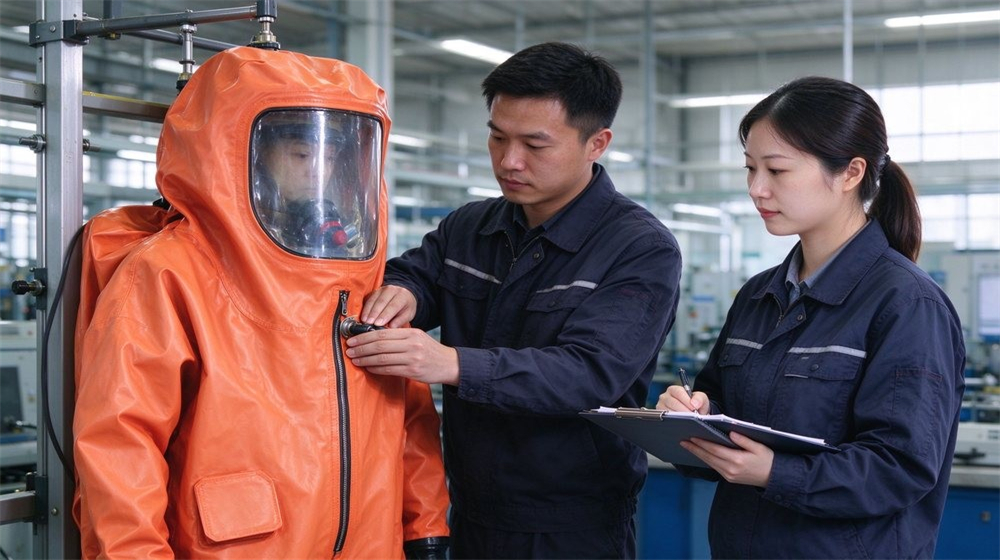 Aerial perspective of heavy duty protective class a gas tight hazmat suit, Quality inspector testing seal integrity of a gas tight Level A hazmat, demonstrating professional info use in industrial safety environment, designed for wholesale bulk supply and industrial safety Aerial perspective of heavy duty protective class a gas tight hazmat suit, Quality inspector testing seal integrity of a gas tight Level A hazmat, demonstrating professional info use in industrial safety environment, designed for wholesale bulk supply and industrial safety